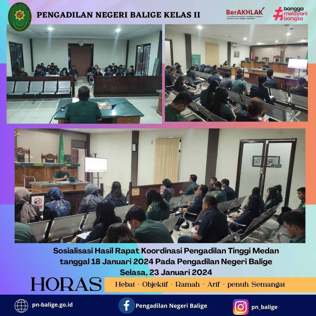 Sosialisasi Hasil Rapat Koordinasi Pengadilan Tinggi Medan  tanggal 18 Januari 2024 Pada Pengadilan Negeri Balige